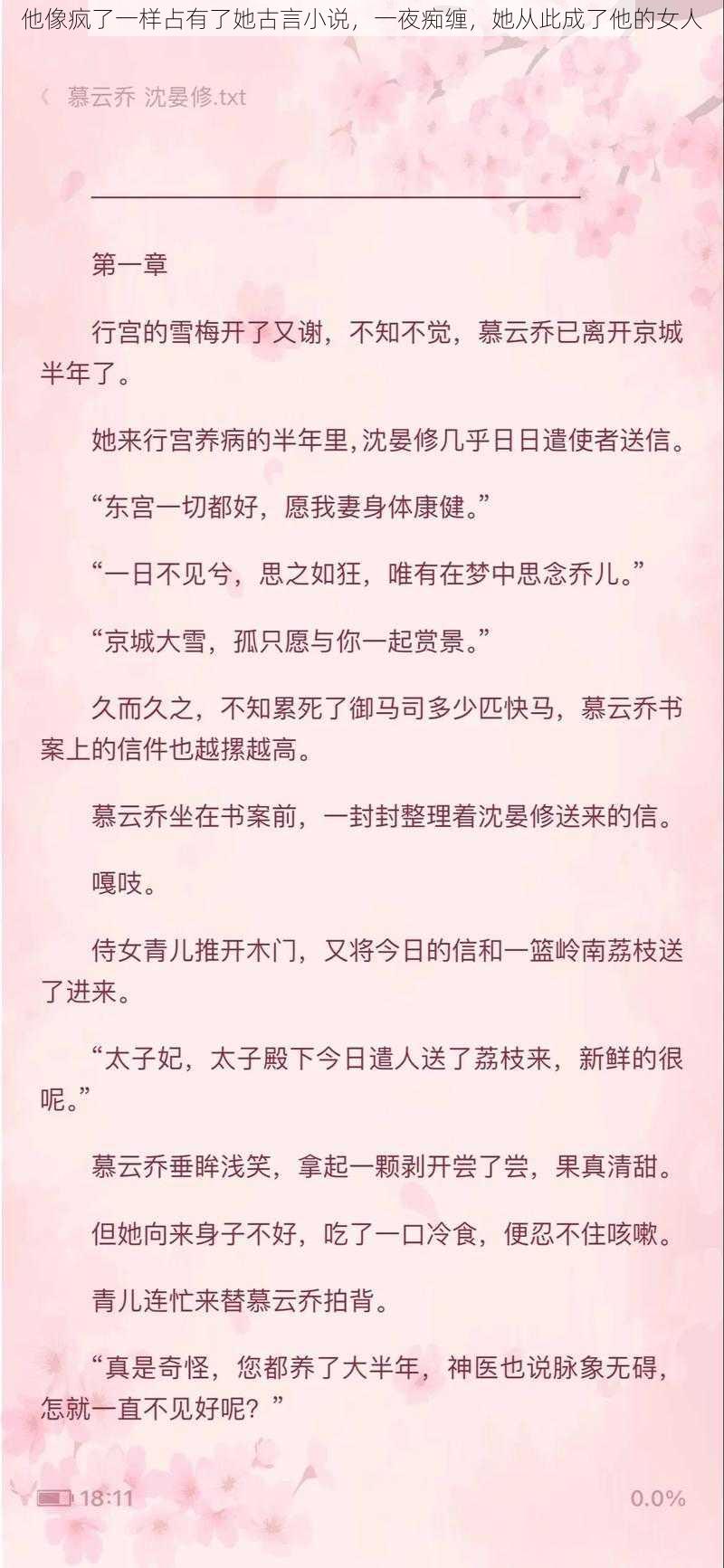 他像疯了一样占有了她古言小说，一夜痴缠，她从此成了他的女人